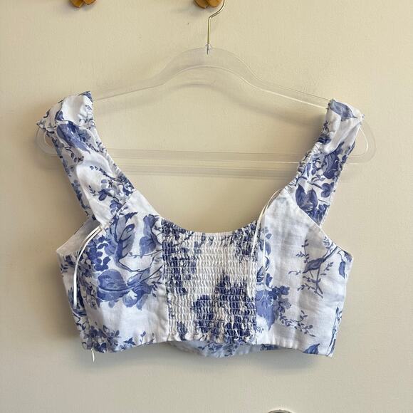 Reformation Teya Linen Two Piece Lupine Size 10 Skirt Crop Top Floral White Blue - Picture 8 of 16